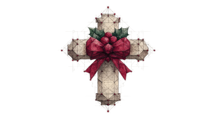Artistic Christmas Cross with Holly and Red Bow for Holidays