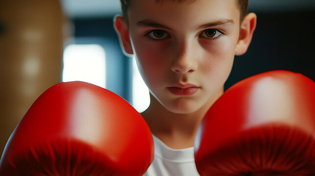 Focused young boxer in red gloves, determination etched on his face. Ready to train, he embodies strength and discipline in the boxing ring. Fierce fighter!
