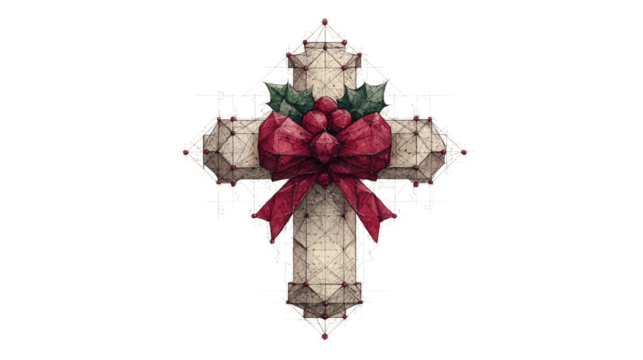 Artistic Christmas Cross with Holly and Red Bow for Holidays