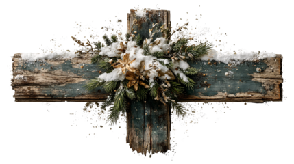 Rustic wooden cross adorned with snowy greenery and pine cones