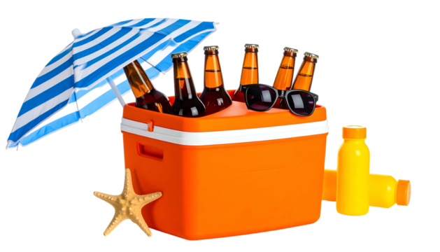 A bright orange cooler with drinks, shades, sunscreen, umbrella, and starfish, evoking summer