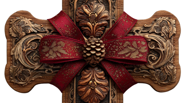 Intricate Wooden Cross with Decorative Ribbon and Pinecone Detail - Powered by Adobe