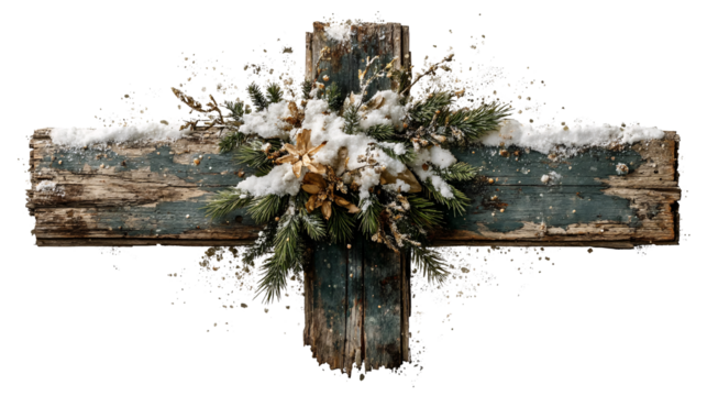 Rustic wooden cross adorned with snowy greenery and pine cones