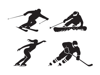 Silhouettes of winter sports athletes skiing snowboarding ice skating and hockey