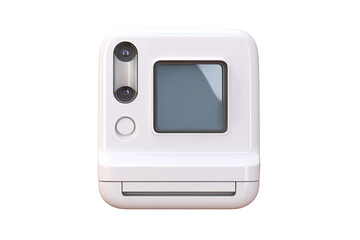 Square, white instant camera with two lenses and a screen