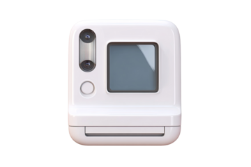 Square, white instant camera with two lenses and a screen