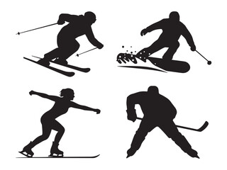 Fototapeta premium Silhouettes of winter sports athletes skiing snowboarding ice skating and hockey