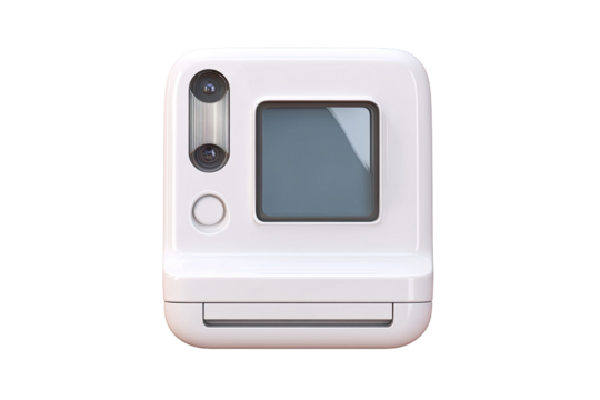 Square, white instant camera with two lenses and a screen