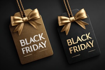Stylish black Friday sale tags with decorative bows on a dark background invites shoppers to explore amazing deals and discounts during the festive shopping season