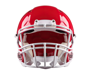 Close-up of a red football helmet.  White facemask, protective gear