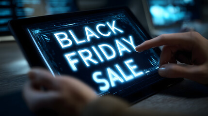 Focused hand using digital tablet for online shopping during black friday sale. close up on glowing neon advertisement for special offer