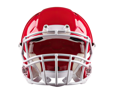 Close-up of a red football helmet.  White facemask, protective gear