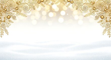 Ornate golden decorative flourishes and sparkling bokeh lights adorn a snowy winter landscape, evoking a festive and elegant holiday atmosphere.