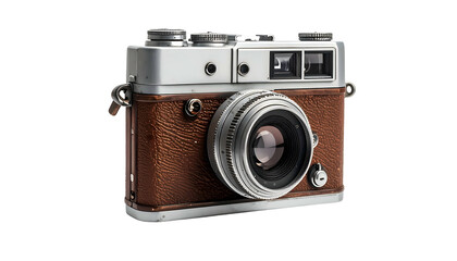 A vintage camera with brown leather and silver casing on a black background