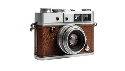 A vintage camera with brown leather and silver casing on a black background