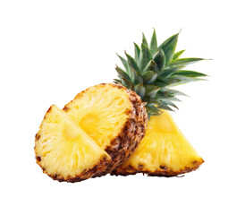 Fresh pineapple slices, vibrant yellow flesh, green crown