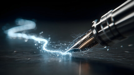 Dramatic close up of powerful silver fountain pen writing with glowing blue electricity and light on dark abstract background