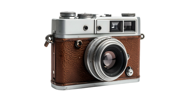 A vintage camera with brown leather and silver casing on a black background
