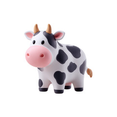 Cartoon cow with 3D render, white and black spots, and isolated on black.
