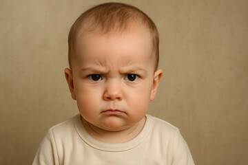 Fototapeta premium Angry baby face close up emotion expression portrait, child frowning with serious look, toddler mood reaction concept, funny kid emotions psychology, childhood feelings innocence behavior photography 