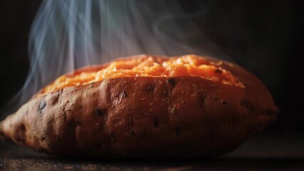 Roasted sweet potato steaming closeup food rustic warm comfort autumn healthy baked delight with tender flesh inviting aroma cozy vibe