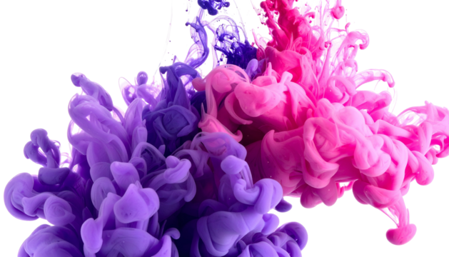 Vibrant, cloud-like formations of pink and purple liquids erupt against black