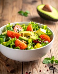 Fresh salad bowl with avocado, tomatoes, and greens on a wooden table