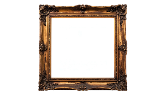 Ornate gold-toned picture frame, empty center, complex scrollwork, isolated on black