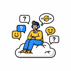 Fototapeta premium A customer service representative sits on a cloud, surrounded by speech bubbles, offering solutions.