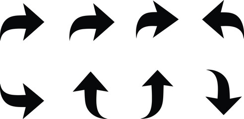 Arrow Set with Curve Tail on White Background, Directional Signs, Navigation Icons