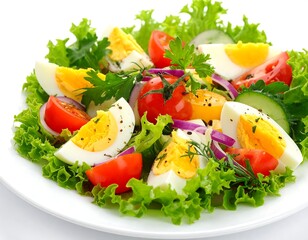 Fresh salad with hard-boiled eggs, vegetables, and herbs