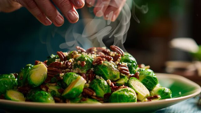 Fresh brussels sprout salad with pecan pine nut, warm steam rising, chef hand sprinkle herb, rustic kitchen vibe, macro green plate appetizing