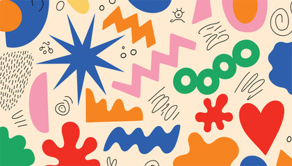 Vibrant abstract pattern with colorful organic shapes, geometric elements, and playful doodles on a light background, evoking a sense of fun and creativity