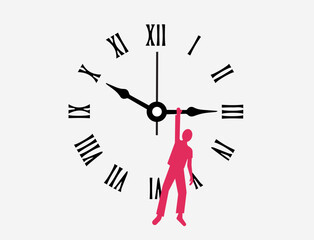 Person hanging in minute hand, time management struggle illustration