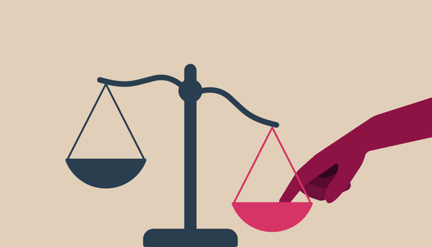 Hand putting finger in balance scale, influencing judicial system illustration