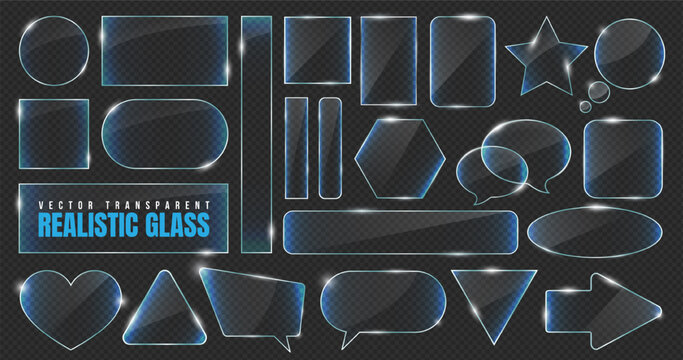 Collection of realistic transparent glass, mirror and plastic frame for mobile phone UI UX or business website interface. Hologram icon of crystal star, speech bubble or heart with holographic texture