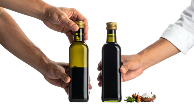 Two hands holding olive oil and balsamic vinegar bottles, salt, greens, and turmeric