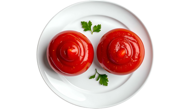 Overhead shot of two dollops of red sauce on a white plate with parsley garnish