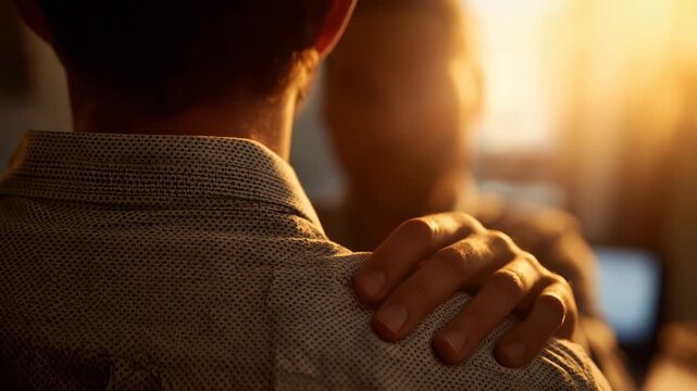 Comfort support empathy friendship human touch shoulder hand connection with warm light and soft focus reassurance encouragement trust caring closeup