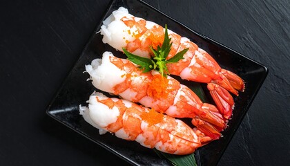 Fresh shrimp sushi on dark plate