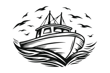 Monochrome fishing boat sails with birds flying around in a circular composition over water