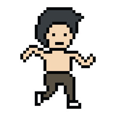 Obraz premium Pixel cartoon exercise run 8bit character man boy run running jog cardio lifestyle decor life style male jog marathon exercise 8 bit vector.