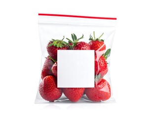 Fresh strawberries in a clear plastic bag with a blank label