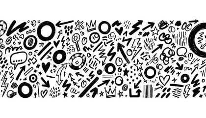 Obraz premium A seamless pattern of handdrawn black doodles and symbols on a, including arrows, hearts, lightning bolts, speech bubbles, and abstract shapes