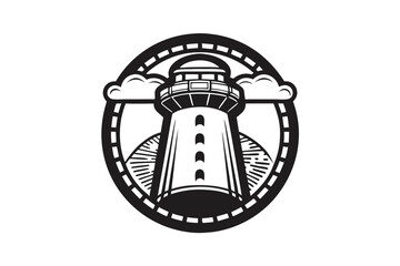 Monochrome lighthouse rises with clouds on a round textured emblem against a white background