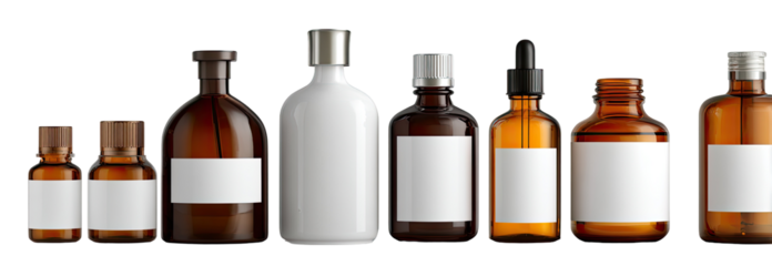 Various glass bottles with blank labels.  Different sizes and colors.  Metal caps on some