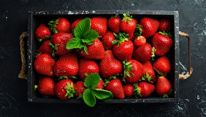 Fresh strawberries in a dark wooden crate