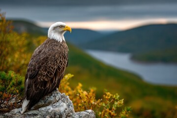 Fototapeta premium Bald eagle perched atop a rock overlooking a scenic mountain valley