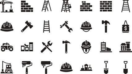 Obraz premium Construction and Building Tools Vector Icons Set with Industry Elements