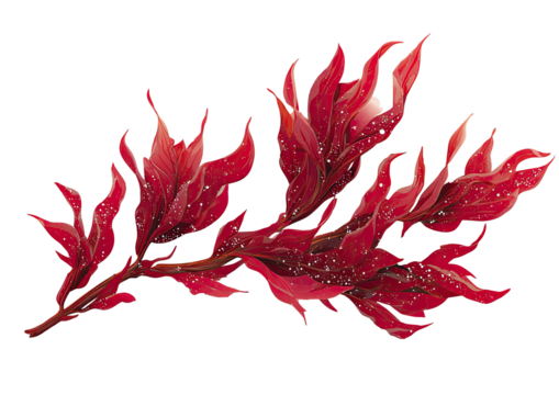 Vibrant red leaves with flame-like shapes, detailed veins, and a glistening texture